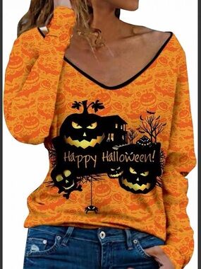 Enchanted Orange Halloween Pumpkin Graphic Long Sleeve Top